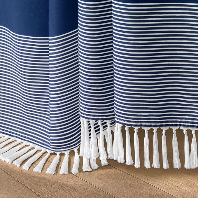 Navy Blue Coastal Ocean Cotton Striped Shower Curtain with Tassel 72W X 72L | Boho Farmhouse Shower Curtains for Bathroom with Soft Cotton Feel