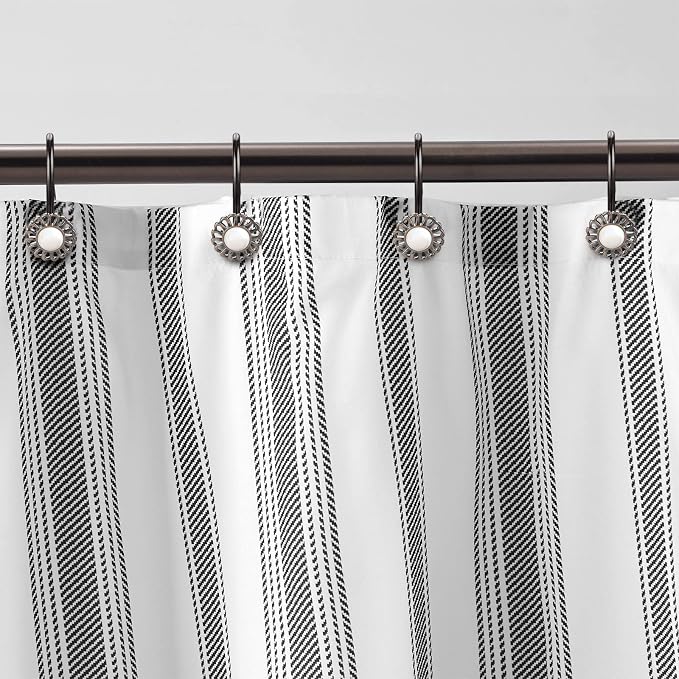 Oil Rubbed Bronze Sunflower Shower Curtain Hooks, 12Pcs Rustproof | Vintage pearl inlaid sunflower, anti-fall, smooth glide, rustproof, easy install, fits farmhouse curtain & liner for Bathroom