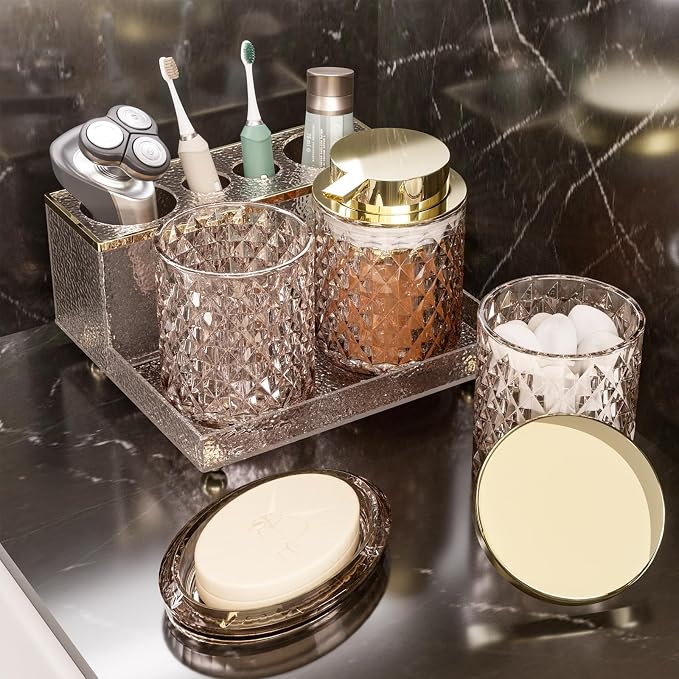 Glass Bathroom Accessories Set 5Pcs Crystal Brown - Foaming Soap Dispenser, Soap Dish, Cup, Acrylic Toothbrush Holder with Tray Organizer, Cotton Swab Jar, Bathroom Counter Set Sink Decor