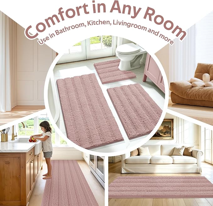 Striped Dusty Pink Bathroom Rug Mat Set 2 piece 24"x17"+48"x20" Ultra Soft, Non Slip Chenille Bath Rugs, Absorbent Plush Shaggy Bath Mats for Bathroom, Bedroom, Kitchen, Shower, Tub