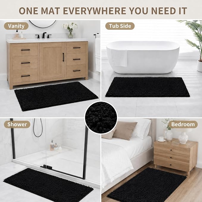 Bathroom Rugs Non Slip Washable 36x24, Extra Thick Soft Chenille Absorbent Bath Mat, High Density Barrier Non Slip Backing, Quick Dry Plush Shaggy Floor Carpet for Tub&Shower, Black