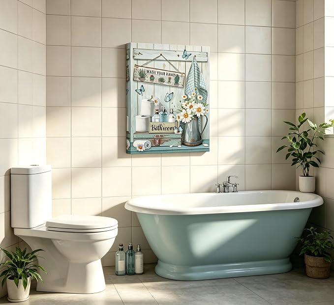 XcwDt is Vintage Teal Bathroom Canvas Wall Art,Farmhouse Daisy Butterfly Painting Print,Rustic Teal Hand Washing Wall Decor,for Living Room Bedroom Restroom Home Decoration 16 x 24 In