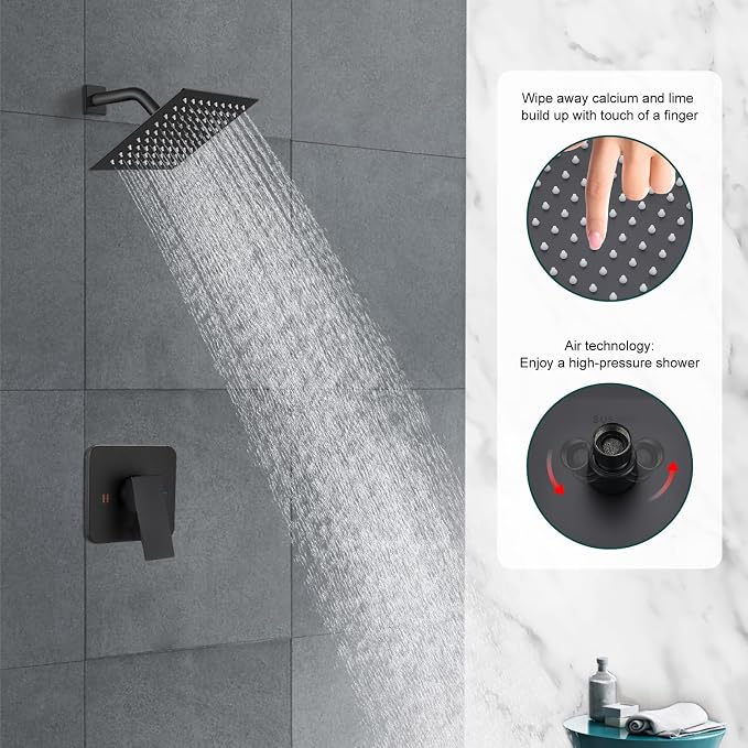 Heyalan 8 Inch Square Rain Shower Faucet Set with Valve, Matte Black