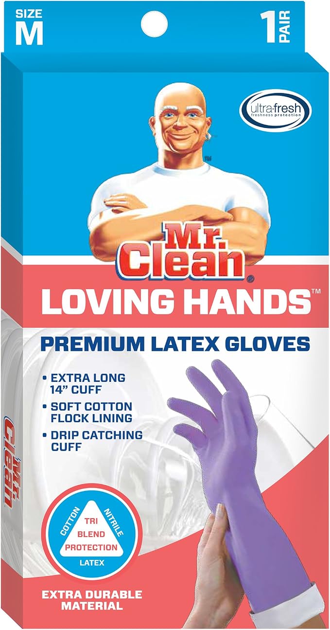 Mr. Clean Loving Hands Reusable Heat Resisting Cleaning Gloves with Cotton Flock Lining, Medium