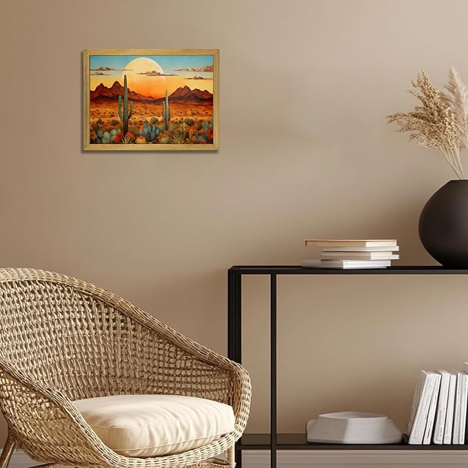 Framed Western Desert Sunset Cactus Wall Art, Vintage Southwest Nature Landscape Canvas Print, Rustic Wall Decor Picture, Boho Mexican Oil Painting for Living Room Bedroom Office bathroom 12x16 Inch
