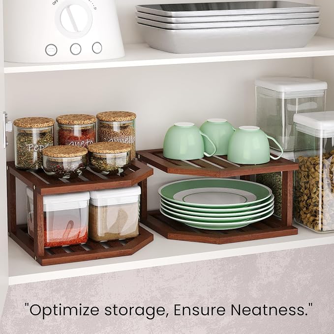 VERTORGAN 2 Tier Bamboo Plate Organizer,Corner Shelf for Kitchen(Brown | Pantry Storage,Dish Rack,Spice Rack,Corner Organizer,Kitchen Counter Shelves,Kitchen Storage,Holds Plates