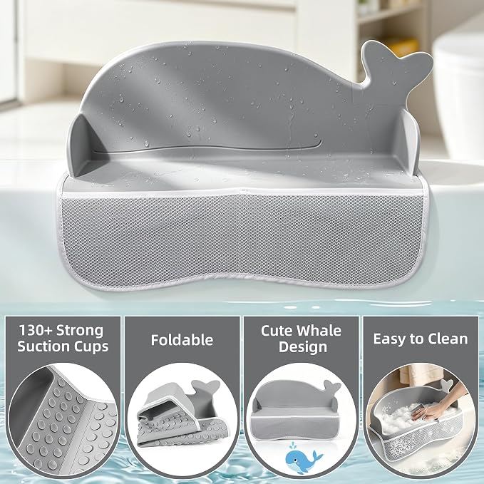 MCGMITT Splash Guard for Bathtub, Silicone Bath Shelf for Kid, Tub Splash Guard with Strong Suction Cups & Storage Mesh Pockets, Foldable Bath Toy Tray Caddy Holder, Prevent Water Spills in Bathroom