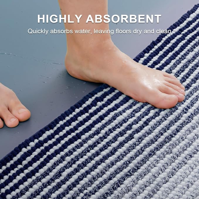 Bathroom Rugs and Mats Sets, 2 Piece Thick Absorbent Chenille Bath Mat Rug Set Non Slip, Soft Shaggy Bath Room Floor Mats for Bathroom, Machine Washable (20" x 32" Plus 16" x 24", Navy)