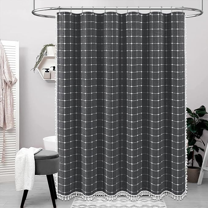 Extra Long Boho Farmhouse Linen Shower Curtain, 72x96, Charcoal Gray | Extra Tall Size, 330GSM Linen Blend, 3-side Tassels, Waterproof Fabric, 12 Plastic Hooks, Rustic Bohemian, Machine Washable
