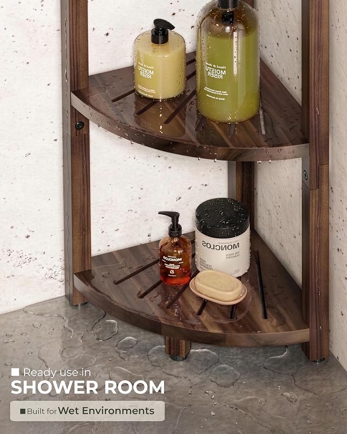 BLUEWEST 3-Tier Corner Shower Caddy Stand, Wood, Walnut | Shower Organizer Standing, Anti-Slip Feet, Waterproof & Durable, Space-Saving Design, Bathroom Corner Shelf
