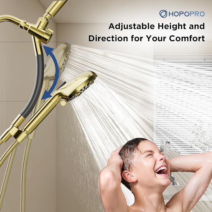 Dual Filtered Handheld Shower Heads Combo, HOPOPRO 15-Mode High Pressure Rainfall Showerheads Combo Set with Filter, for Hard Water, Removes Chlorine, Improves Skin Hair Condition, Modern Gold