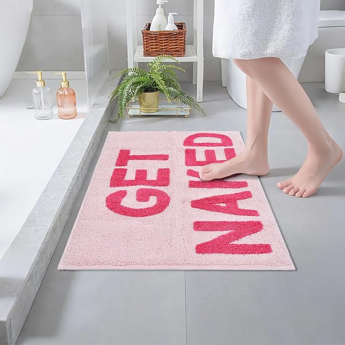 Zeeinx Get Naked Bath Mat Pink Cute Funny Bathroom Rugs 20”x32” | Non Slip Absorbent Microfiber Machine Washable Pink Bathroom Rugs for Tub and Shower Funny Apartment Decor