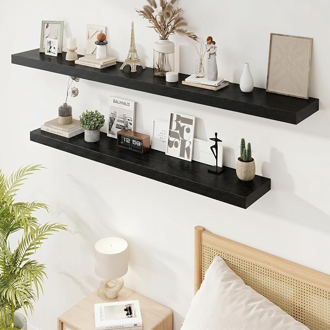 Marsmiles 9.25in Depth 55in Floating Shelves, 55x9.25x1.4, Black, Set of 1 | Long Wall Mounted Engineered Wood Shelves with Invisible Brackets for Living Room, Bedroom, Bathroom, Kitchen