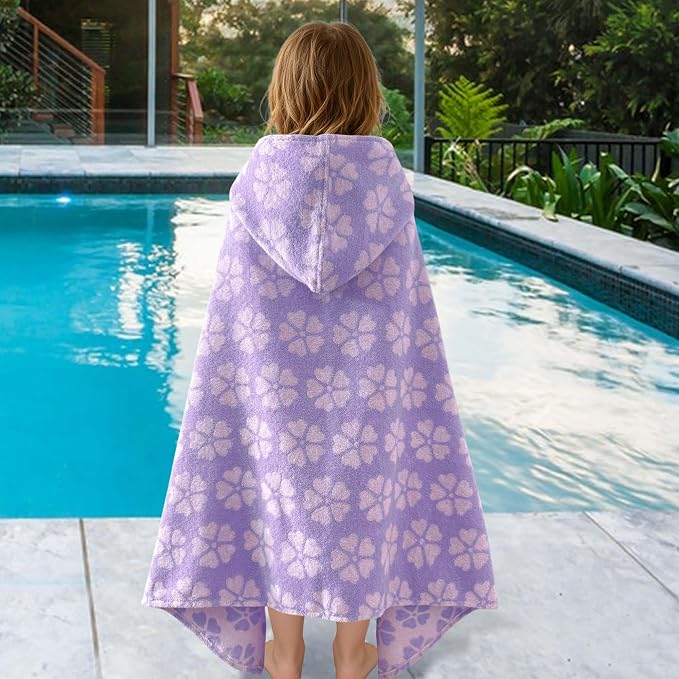 VOOVA & MOVAS Kids Hooded Towel, 3-6 Years, 100% Cotton, Purple Floral | Floral Jacquard Pattern, Quick Drying Texture, Strong Water Absorption, Suitable for Bath, Pool, Swim and Beach Trips
