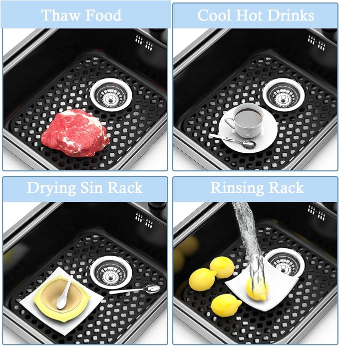 2 Pack Silicone Sink Protector Mat for Kitchen Sink Rear Drian Black | 13-9/16" x 11-5/8" Non-Slip Heat-resistant and Durable Silicone Grid