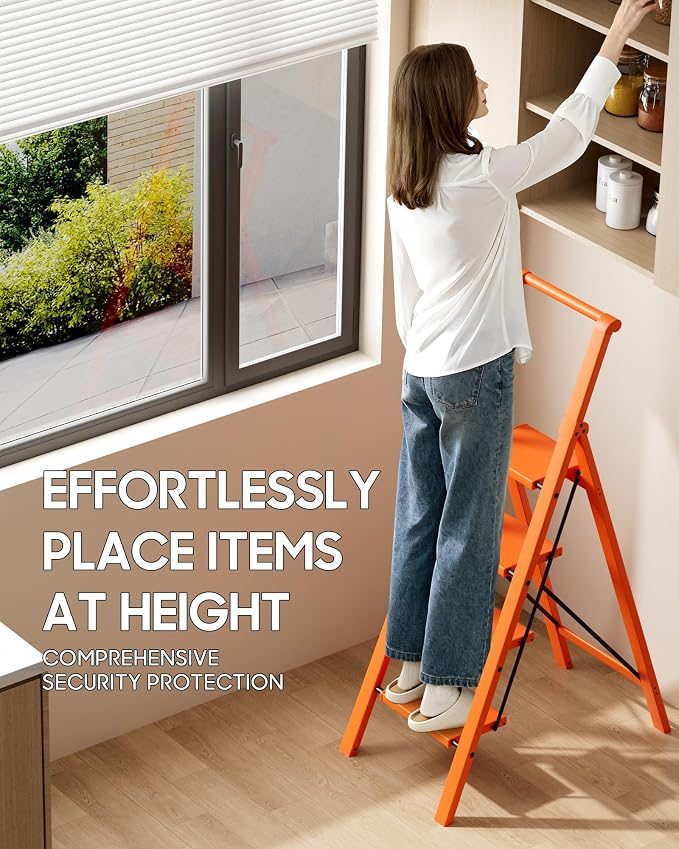 HillhutApex Aluminum 4 Step Ladder, Step Stool Foldable Ladder(Orange) | Stepladder with Handgrip,Anti-Slip Pedals,330lbs Capacity,Lightweight Portable Folding Ladder for Home,Office,Libaray