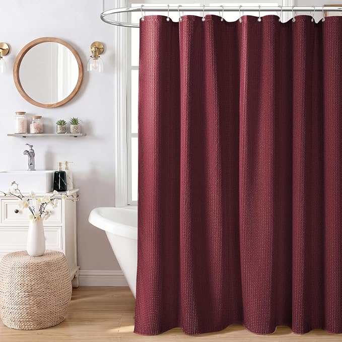 Extra Long Waffle Shower Curtain 256 GSM Fabric 72"x84" Burgundy | 84 Inch Long, Thick Polyester Cloth, Weighted Hem, Water Repellent, Washable, Tall Hotel Bathroom Shower Curtain Set 12 Hooks