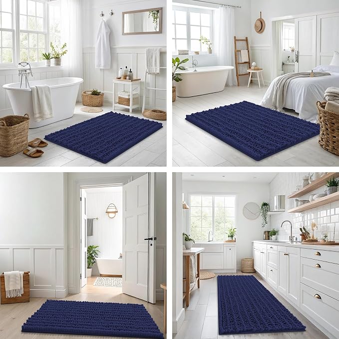 Smiry Bathroom Rugs 36X24, Extra Soft Rubber Backing Chenille Bath Mats | Deep Blue Machine Washable Non Slip Quick Dry Bath Mats for Bathroom Floor, Tub, Shower, Home Decor Accessories