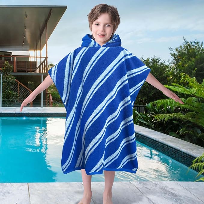 VOOVA & MOVAS Kids Hooded Poncho Towel, 4-8 Years, 100% Cotton,Blue Stripe | 27.5"x27.5" Size, Jacquard Stripe Craft, Soft, Absorbent & Quick Dry, for Bathroom, Pool, Beach and Swimming