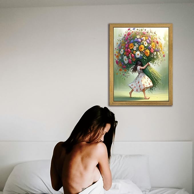 Wood Framed Pink Wildflower Canvas Wall Art, Girl Hugging Flowers Poster Prints Paintings, Teen Girls Preppy Bedroom Decor, Green Room laesthetic Picture for Kids Room Hallway Living Room 8x10 Inch