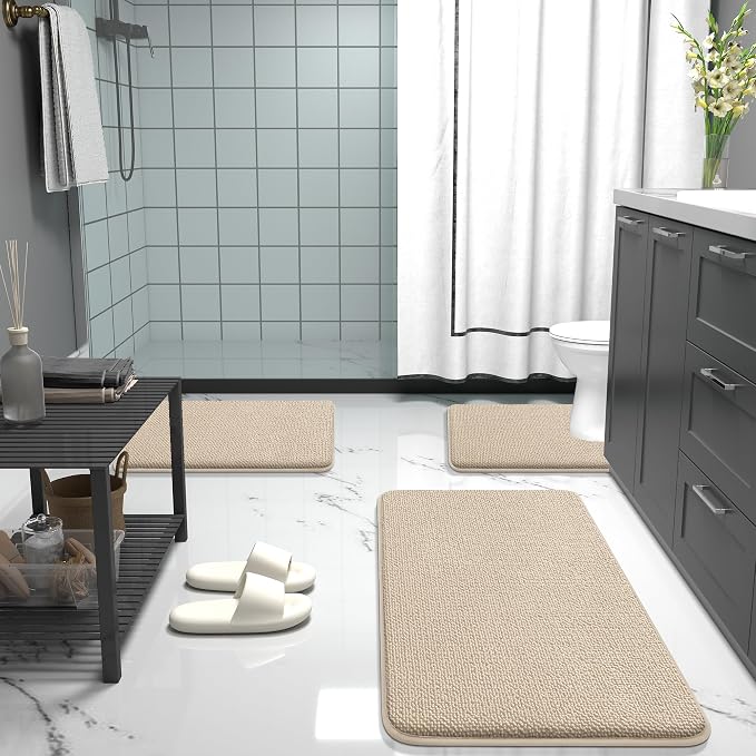 OLANLY Thick Memory Foam Bathroom Rugs 35x24, Absorbent Bath Mat, Beige | Soft Quick Dry Bath Rugs, Non-Slip, Machine Washable Carpet for Bathroom Floor, Tub and Shower, Home Decor Accessories
