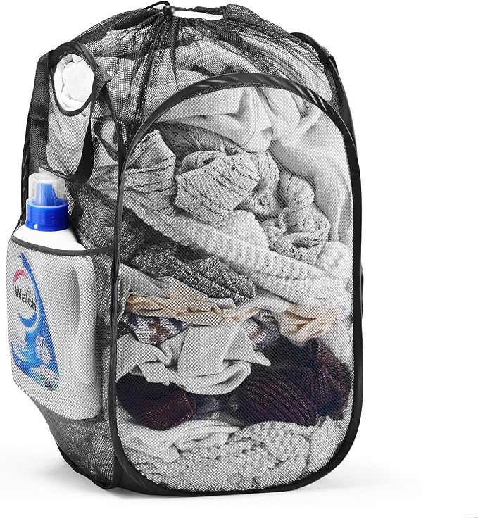 TECHMILLY Collapsible Mesh Pop Up Laundry Hamper with Sturdy Handles and Side Pocket - Portable Foldable Clothes Baskets for Dorm, Bathroom & Travel Storage (with Drawstring, Black)