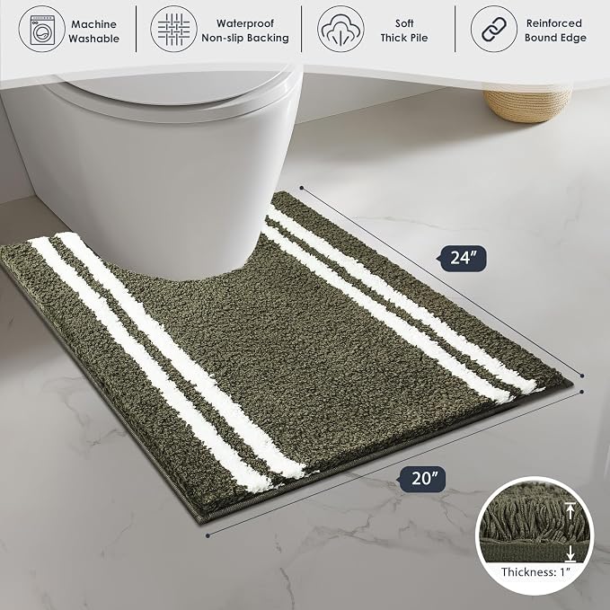 PURRUGS Bathroom Rug, Bath Mat, 20" x 24" U-Shaped, Olive Green | Machine Washable, Non-Slip, Waterproof TPR Backing, Super Absorbent, Quick Dry, Contour Rug for Toilet Base