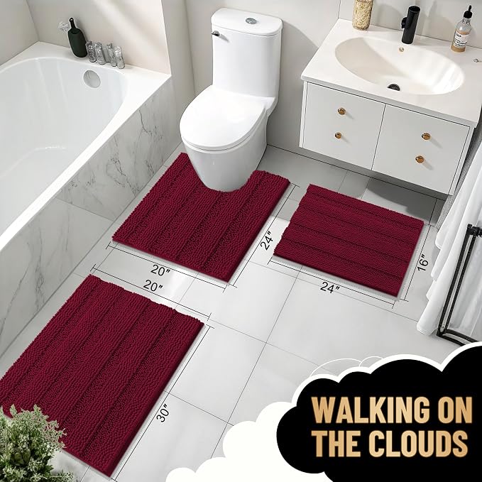 OLANLY Thick Bathroom Runner Rugs 44x24, Soft Chenille Bath Rugs, Burgundy | Absorbent Striped, Rubber Backing, Machine Wash, Long Bath Mats for Bathroom Floor, Tub and Shower, Home Decor Accessories
