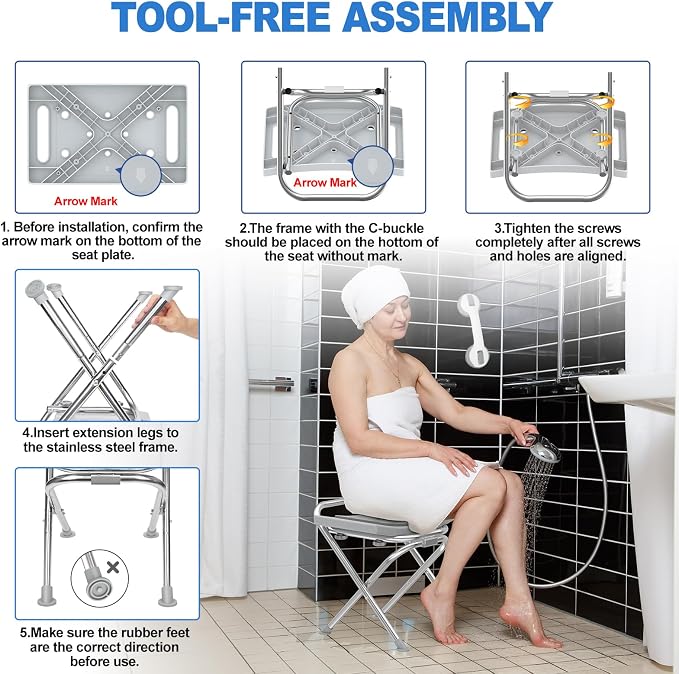 Folding Shower Chair Seat, 17.5" Stainless Steel Small Shower Chair for Inside Shower with Pad, 400lbs Portable Travel Shower Stool, Safety Anti-Slip Bath Chair for Seniors, Disabled, Gray