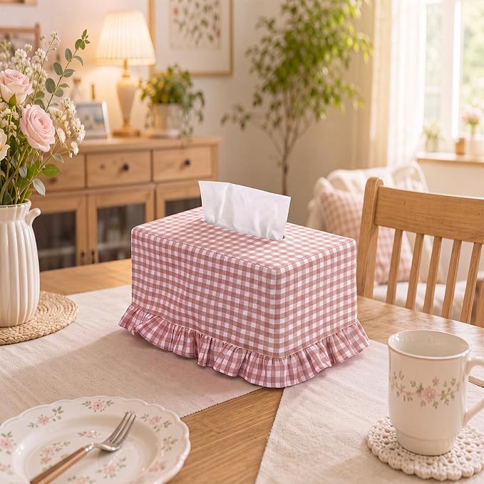 Sawysine Pink Check Plaid Fabric Tissue Box Cover Soft Vintage Farmhouse Ruffled Rectangular Napkin Holder Gentle Fall Winter French Country Romantic Decor for Home Bedroom Living Room Kitchen Indoor