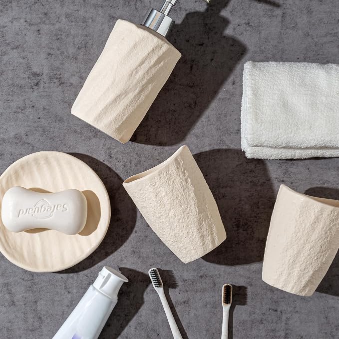 Bathroom Accessories Set, 4 PCS Modern Stone Texture, Yellow | Minimalist, Resin, with Liquid Soap Dispenser 11.5 OZ, Tumblers, Toothbrush Holder, Bar Soap Tray, For Countertop Sink