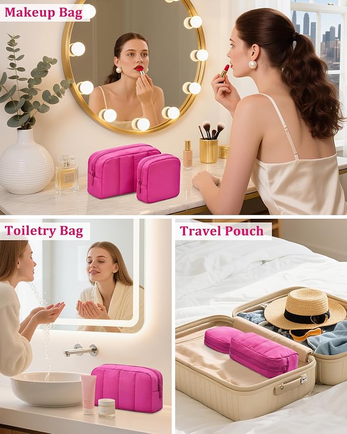 2 Pcs Makeup Bag Travel Toiletry Bag for Women Puffy Padded Cosmetic Pouch Purse Wide-open Makeup Organizer Case Travel Essentials