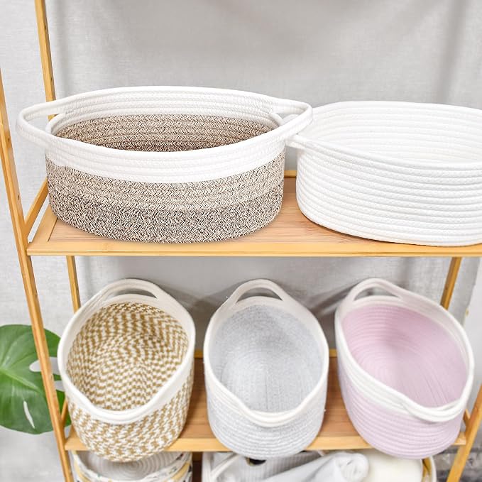 ABenkle Small Basket Empty Gift Basket, Decorative Boho Rope Woven Nursery Storage Organizer Dog Toy Baskets for Baby Showers Christmas Easter with Gift Bags and Ribbons, 12"X 8" X 5"