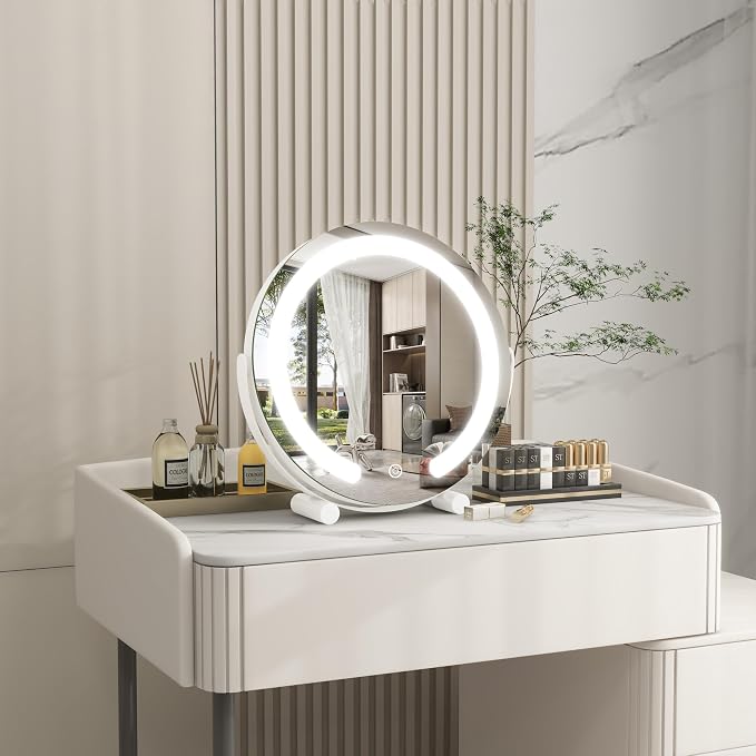 ROLOVE Vanity Mirror with Lights, 12 Inch Light Up Makeup Mirror, LED Makeup Mirror with Lights for Bedroom Tabletop, Smart Touch Control 3 Colors Dimmable, 360° Rotation, White | 3 Color Modes and Touch-Dimmable LED Ring Light, Corded Plug-in Mirror f...