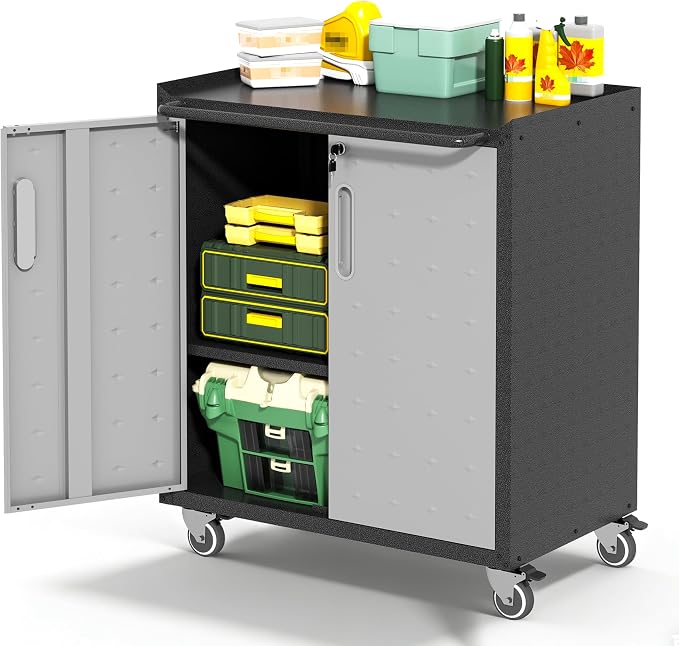 Garage Tool Cabinet Set,Heavy Duty Steel Rolling Tool Chest with Lockable Doors & Adjustable Shelves