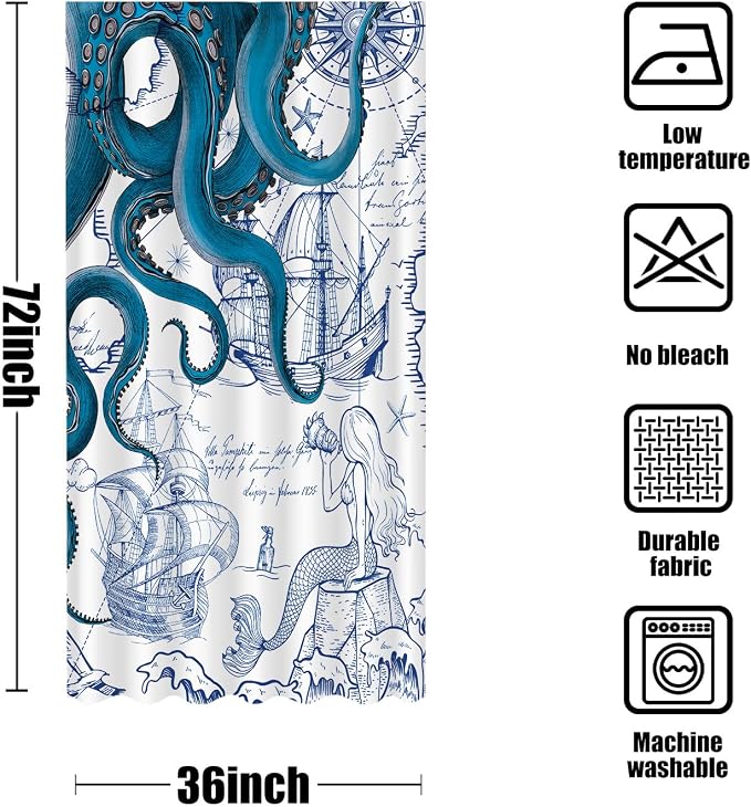 Fungarth Stall Blue Nautical Octopus Shower Curtain Navy Mermaid Funny Ocean Kraken Shower Curtains for Bathroom Cool Anchor Coastal Map Waterproof Fabric Bath Curtain Decor (Blue, 36” x 72”)