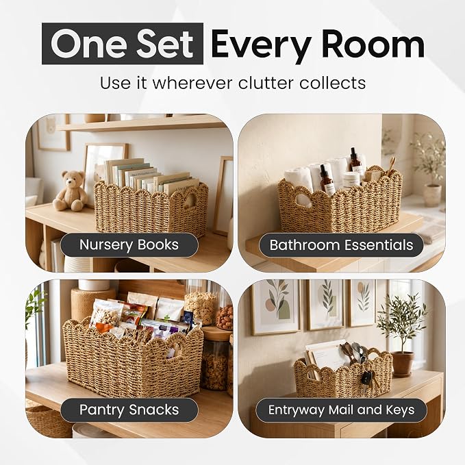 ByteX Scalloped Basket Set (2 Large Baskets) Seagrass Wicker Storage Baskets for Nursery & Kids Books | Decorative Scalloped Edge Rattan Style Book Basket for Toys, Shelves & Decor