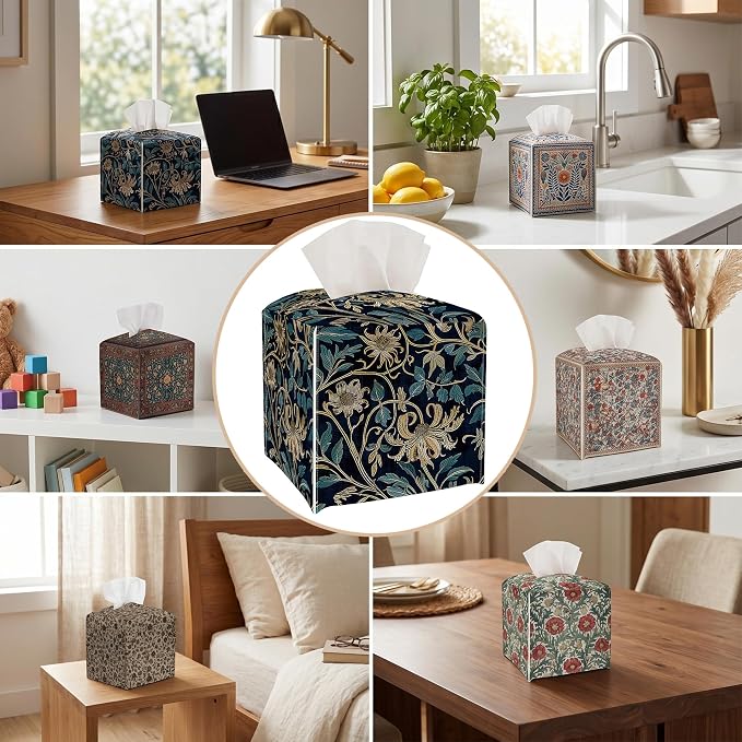 Tissue Box Cover Holder Square - Vintage Boho PU Leather Decorative Organizer, Ethnic Carpet Pattern Design Inspired, with Bottom Belt for Bathroom Car Office Tabletop Home, 5x5 Inch (Golden Flowers)