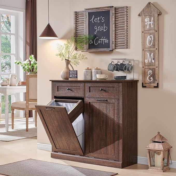 IFBUY Double Tilt Out Laundry Hamper Cabinet, Trash Cabinet, Brown | 20 Gallon Farmhouse Trash Cabinet w/Drawers, Hidden Wood Garbage Can Cabinets w/Laundry Storage Basket for Bathroom, Kitchen