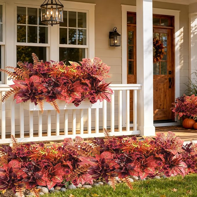 Artificial Fall Flowers for Outdoors, 10 Pcs Fall Plants Porch Decor | UV Resistant Faux Plants for outdoor planters, Fake Flowers Fall Greenery for Outside Yard Thanksgiving Fall Home Decor
