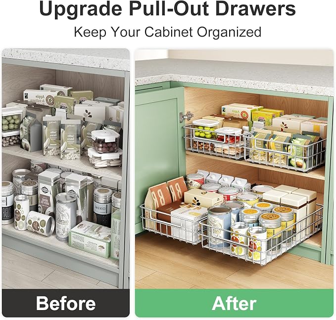 Pull out Cabinet Organizer, Stainless Steel 4-Pack Slide out Drawer with Silent Full-Extension Slides, Adhesive Roll out Can Spice Storage Basket Shelf Rack for Pantry, Kitchen, Bathroom, Home Closet