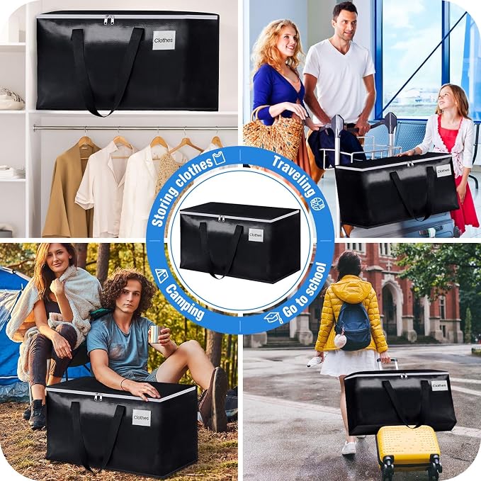 Heavy Duty Moving Bags, Extra Large Storage Bags, 93L, 2-Pack, Black | Foldable, with Zippers, Tag Pocket & Handles, Reusable, Space-saving, Water-Resistant, for moving & storage, Versatile Use