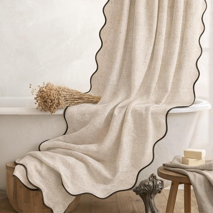 Scalloped Shower Curtain Linen Boho Beige 60" W x 72" L | Linen Fabric, Black Border, Washable, Heavy Duty Cloth, Shower Curtain for Boho Farmhouse Bathroom Bathtub