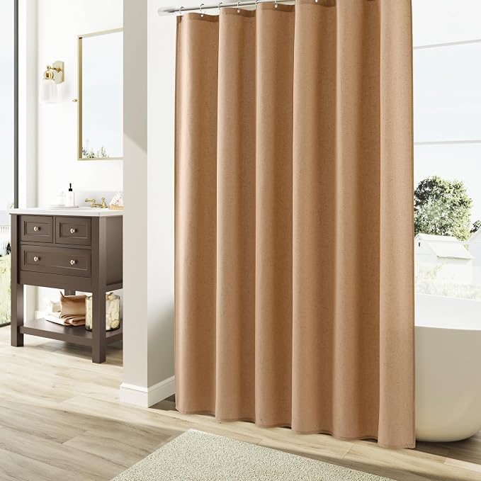 Camel Linen Shower Curtain, Country Boho Farmhouse Bath Decor Shower Curtains Neutral Cloth Weighted Textured Fabric Bath Curtain Liner with Hooks, 72x72