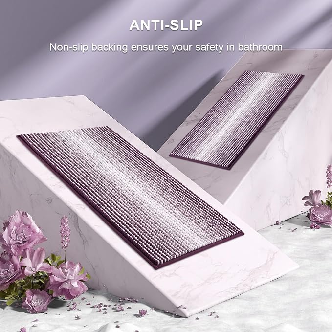 Bathroom Rugs and Mats Sets, 2 Piece Thick Absorbent Chenille Bath Mat Rug Set Non Slip, Soft Shaggy Bath Room Floor Mats for Bathroom, Machine Washable (Mauve Wine, 24" x 70" Plus 20" x 32")
