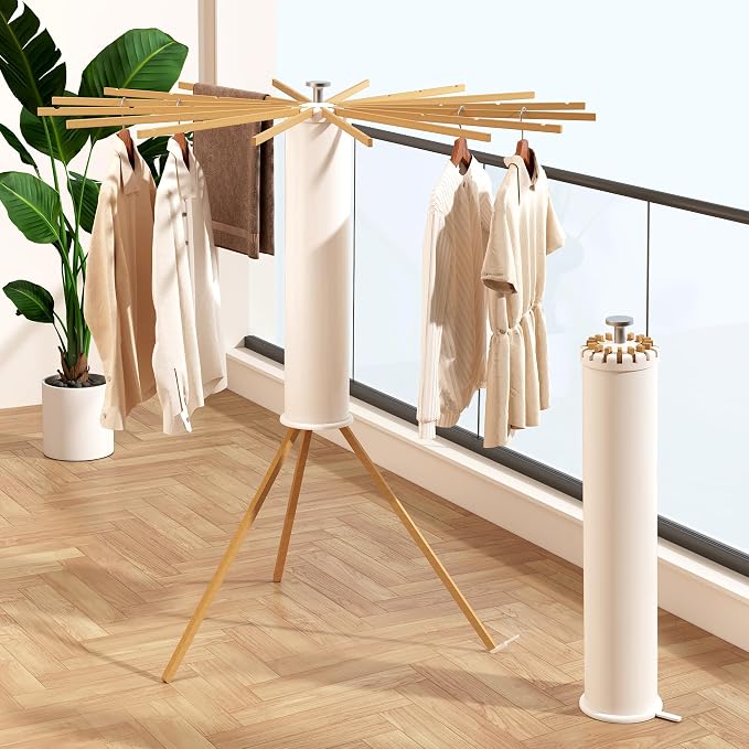 Heavy-Duty Wooden Tripod Clothes Drying Rack, 16 Rods, Large Capacity, 360° Airflow Umbrella Dryer, Foldable Space-Saving Floor Stand for Indoor Outdoor Use