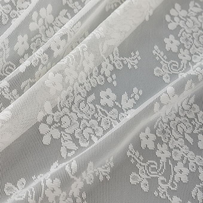TUDECO Extra Long Ivory Lace Shower Curtain for Bathroom, 72W x 85L Inch | Vintage Floral, Semi Sheer, Antique Vibe, Scalloped Bottom, Attached Valance, Soft Light, Gentle Privacy, Mechine Washable