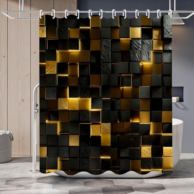 LQCOOL 4 Pcs Black Gold Shower Curtain Set with Rugs, 3D Cube Modern Bathroom Set, Black Gold Polyester Shower Curtains for Bathroom with 12 Hooks, Toilet Lid Cover & U-Shaped Mat