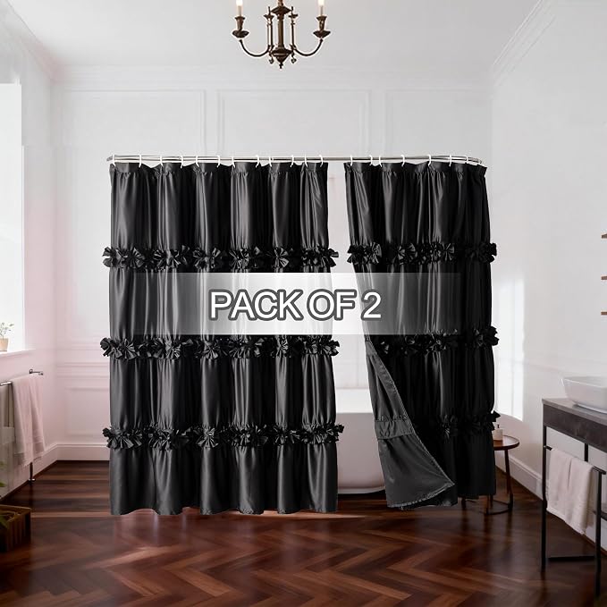 2-Piece Black Satin Shower Curtain, 72x96 Inches (Pair) | Double Panels for Easy Access, Glossy Luxury Fabric, Modern Bathroom Décor, Machine Washable (LQ-44)