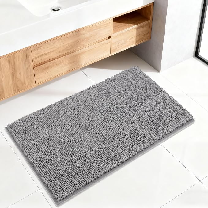 Bathroom Rugs Mat 48 x 24, Thick Soft Absorbent Chenille Bath Rugs, Rubber Backing Bath Mats for Bathroom Floor, Tub, Shower, Bedroom, Home Decor Accessories, Quick Dry Machine Washable, Grey